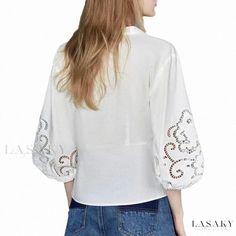 Lasaky - Exquisite Embroidered Waist-Tie Shirt with a Stylish Design Aesthetic Elegant Spring Shirt With Crew Neck, Elegant Crew Neck Shirt For Spring, Elegant Spring Crew Neck Shirt, Trendy Cotton Blouse With Floral Embroidery, Chic Floral Embroidered Shirt For Summer, Elegant Embroidered Summer Shirt, Elegant Crew Neck Top With Floral Embroidery, Elegant Floral Embroidered Crew Neck Top, Trendy Embroidered Tops For Day Out