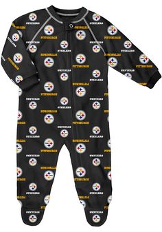 Pittsburgh Steelers Baby Black Raglan Short Sleeve One Piece - Image 1 Pittsburgh Steelers Shirts, Steelers Baby, Footie Pajamas, Flannel Pajama Pants, Steelers Fan, Flannel Pants, Jersey Pants, One Piece Pajamas, Team Apparel