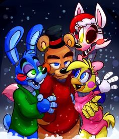 some cartoon characters standing together in the snow