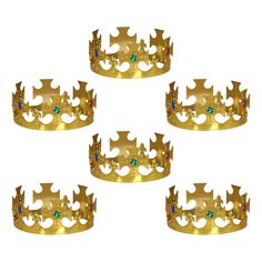 four gold crowns with blue and green jewels