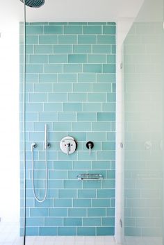 a bathroom with blue tiles and a shower head