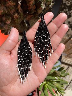 Super cute starry night earrings measuring at 1 inch wide and 3.5 inches long Beaded Fringe Dangle Earrings, Black Beaded Dangle Tassel Earrings, Seed Bead Jewelry Patterns, Beaded Fringe Earrings, Chino Hills, Ghost Earrings, Beaded Earrings Patterns, Earrings Beaded, Dangly Earrings