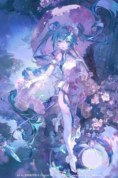 an anime character holding an umbrella in front of some flowers and trees with blue hair