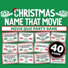 the christmas name that movie movie quiz party game is on display with 40 cards in front of it