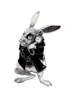 a black and white drawing of a rabbit holding a clock