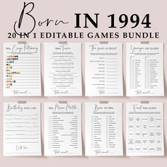 the born in 1994 printable game bundle is shown on a pink background with black and white