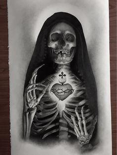 a drawing of a skeleton holding a heart