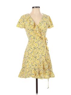 Shein Casual Dress Size: X-Small Yellow Dresses - used. 5% ELASTANE, 95% POLYESTER, Wrap, Plunge, Short, Short Sleeve | Shein Casual Dress - Wrap: Yellow Dresses - Used - Size X-Small Yellow Casual Dress, Yellow Dresses, Dress Yellow, Yellow Floral, Yellow Dress, Floral Motif, Second Hand Clothes, Casual Dresses For Women, Clean Out