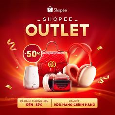 an advertisement for the shopee outlet, with red and white items in front of it