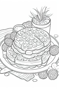 a stack of waffles on a plate with berries and pineapples next to it