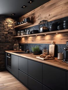 a kitchen with black cabinets and wooden shelves