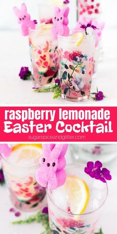 the raspberry lemonade easter cocktail is served in glasses with bunny decorations on them