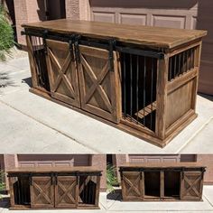 this is an image of a dog house made out of wood and metal bars with sliding doors