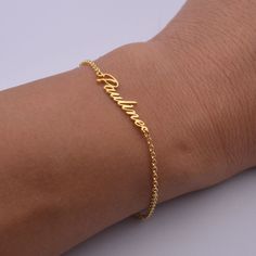 "This personalized name bracelet is a perfect gift for birthday, anniversary, christmas, bridesmaid, graduation, wedding, engagement, best friend, mom and sisters. Our jewelry made of 925 sterling silver with handmade. Orders need 3-5 business days to finished. 100% SATISFACTION!Give FULL refund if you do not love it. Please choose a name you like and I will create your unique Name.It can be your name,or any word you like. We guarantee silver quality.It's safe for people with sensitive skin!! Th Name Breslet Design, Name Bracelet Gold Women, Silver Bracelets For Women Unique, Adjustable Name Bracelets As Gifts, Customizable Yellow Gold Name Bracelet, Gold Name Chain Bracelet, Gold Nameplate Chain Bracelet With Custom Name, Adjustable Gold Bracelets With Names, Custom Name Gold Bracelets