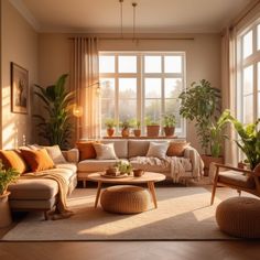 a living room filled with furniture and potted plants on top of windowsills