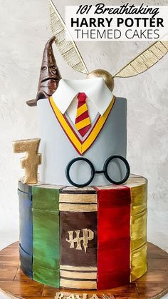 a harry potter themed cake with glasses and tie