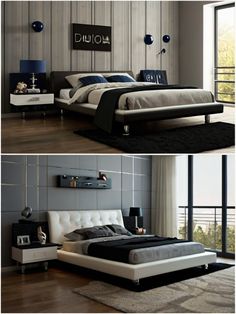 two pictures of a modern bedroom with black and white decor, including a large bed