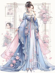 a woman in a blue dress with flowers on it