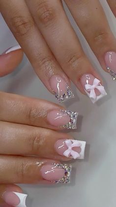 Short Acrylic Nails With Rhinestones, French Tip Acrylic Nails With Rhinestone, Short Frenchies, Fake Crying, Girl Pranks, Natural Nails Manicure, House Chores, Cute Acrylic Nail Designs