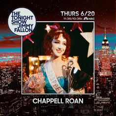 an advertisement for the tonight show with a woman holding a trophy in front of a cityscape