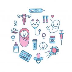 icons in the form of a circle with baby items and birth symbols on white background