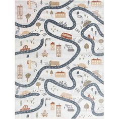 a rug with roads and buildings on it