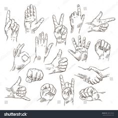 hand gestures drawn in black ink on white paper with clipping for text or image