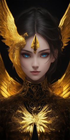 a woman with gold wings and blue eyes