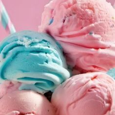 three scoops of ice cream with blue and pink colors