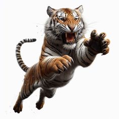 a tiger jumping in the air with its mouth open