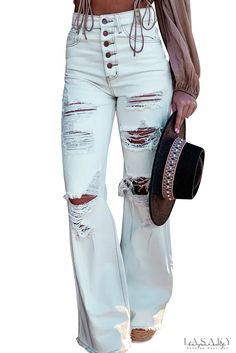 Lasaky - White light wash flared jeans with slits and button fly High Waisted Flare Jeans, Country Concert Outfit, Jean Pants, High Waisted Flares, Jeans Material, Button Fly Jeans, Washed Denim, Flared Jeans, Pocket Jeans