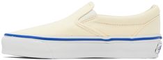 Low-top canvas slip-on sneakers in off-white. · Elasticized gussets at vamp · Padded collar · Logo flag at outer side · Rubber logo patch at heel · Partial grained leather and canvas lining · Textured rubber midsole · Treaded rubber sole · Contrast stitching in white Supplier color: Off white Vans White Slip-on Sneakers With Rubber Sole, Vans White Canvas Shoes With Vulcanized Sole, White Vans Canvas Shoes With Vulcanized Sole, White Canvas Vans Slip-on Sneakers, Vans White Canvas Slip-on Sneakers, White Vans Slip-on Sneakers With Rubber Sole, Cream Vans Slip-on Sneakers, White Low-top Vans Slip-ons, White Vulcanized Sole Slip-ons For Streetwear