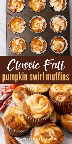 classic fall pumpkin swirl muffins with cinnamon rolls in the background and text overlay that reads classic fall pumpkin swirl muffins