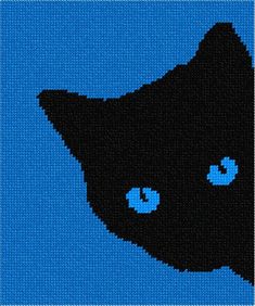 a black cat with blue eyes is depicted in this cross - stitch pattern that appears to be knitted