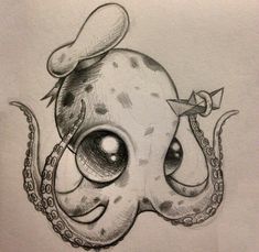 an octopus with a hat on it's head is drawn in pencil and sits next to a pen