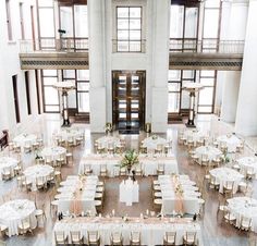 an overhead view of a banquet hall with tables and chairs set up for formal function