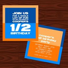 an orange and blue birthday party card with the words, join us for a whole lot of fun cooper's 12th birthday