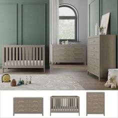 an image of a baby's room setting with furniture and decor on the floor