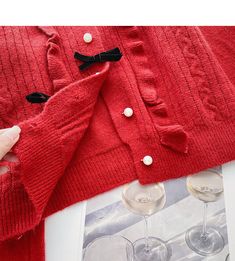 Style: commuting Size: one size Color: white, red, black Red Knit Sweater With Buttons, Fitted Red Sweater With Button Closure, Cheap Red Button-up Sweater, Red Long Sleeve Textured Knit Cardigan, Red Knit Cardigan With Button Closure, Button Sweater, Round Neck, Long Sleeve Tops, Blazer