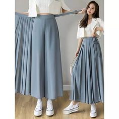 Women's Pleated Trousers High Waist Pants Wide Leg Chiffon Retro Irregular Chic | eBay Elegant Skirt Outfits, Tulle Skirts Outfit, Long Shirt Women, Stylish Prom Dress, Chic Skirts, Autumn Clothes, Wedding Dresses For Sale, High Waist Pants, Pleated Trousers