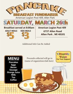 The 2nd design of Pancake Breakfast Fundraiser Flyer Template Free Idea by Two Package; charity event flyer templates free, fundraiser flyer templates free, fundraiser flyer template google docs, charity flyer template free. Cmn Ideas, Pancake Breakfast Fundraiser, Band Booster, Mission Trip Fundraising, Dance Fundraisers, Football Fundraiser, Charity Work Ideas, Job Success