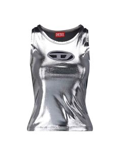 Diesel 'T-Lynys' top in metallic fabric with round neckline, sleeveless, tone-on-tone metal logo on the front, straight hem. composition: 96% polyester, 4% elastanesize and fit: slim | Diesel Women's Top t-lynys | SS24 Metallic Fitted Tank Top, Trendy Fitted Metallic Tank Top, Shiny Stretch Summer Tops, Shiny Stretch Tops For Summer, Fitted Crew Neck Tank Top For Night Out, Metallic Sleeveless Trendy Top, Metallic Fitted Tank Top For Night Out, Fitted Sleeveless Shiny Top, Sporty Elastane Tank Top