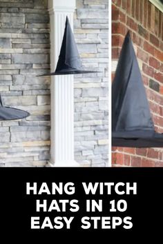 How to Hang Witch Hats Witch Hat Outdoor Decoration, Decorating With Witch Hats, Witch Hats On Porch, Hanging Witches Hats, Hanging Witch Hats Porch, Witches Hats Hanging, How To Hang Witches Hats From Ceiling