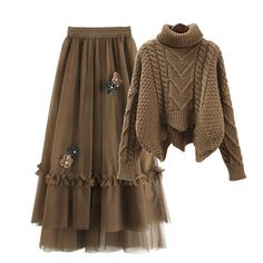 Brown Turtleneck Sweater Blossom Decor Tulle Skirt Set Elevate your style with our elegant Brown Turtleneck Sweater Blossom Decor Tulle Skirt Set. Made with high-quality materials, this set features a cozy brown turtleneck sweater and a stunning tulle skirt adorned with delicate blossom decorations. Perfect for any occasion, this set will add a touch of sophistication to your wardrobe. Size Info. M:for Weight Range (40-50 kg). for Height Range (155-165 cm) L:for Weight Range (50-60 kg). for Heig Thick Twist, Brown Turtleneck Sweater, Vintage Two Piece, Winter Knit Sweater, Tulle Midi Skirt, Khaki Skirt, Mesh Skirt, Pullover Sweater Women, Chiffon Skirt