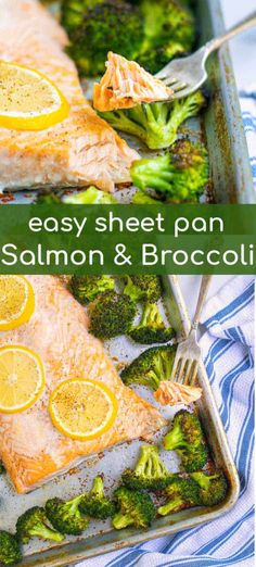 salmon and broccoli on a sheet pan with lemons