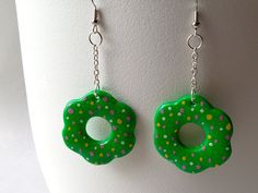 Earrings measure Approximately: 2-7/8" L One pair of handmade earrings. ~ Thank you kindly for taking the time to stop in and visit our shop. Please message us with any questions or concerns that you may have. Please stop back often to see our future listings. We love what we do & do what we love! SilverMoonStudio44 Handmade Green Earrings For Birthday, Handmade Green Earrings For Birthdays, Fun Green Earrings For Birthday, Handmade Green Flower Earrings, Handmade Green Fun Jewelry, Handmade Fun Green Jewelry, Handmade Green Jewelry With A Fun Style, Fun Green Polymer Clay Jewelry, Fun Handmade Flower Jewelry