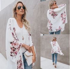 Everyone say it with me: "Floral is always on trend!" This fabulous kimono is the perfect partner to our criss-cross cami and is a great option for a day-to-night look. Generously cut, so if your normal size is sold out, try one smaller. Non-stretch Open Front Trendy Tops, Trendy Non-stretch Open Front Top, White Oversized Open Front Top, White Kimono For Brunch In Summer, Fitted Long Sleeve Summer Kimono, Fitted Long Sleeve Kimono For Summer, Fitted Spring Vacation Kimono, Feminine Summer Kimono With Kimono Sleeves, White Tops With Kimono Sleeves For Spring