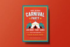 a carnival party flyer with a tent and stars on the front, against an orange background