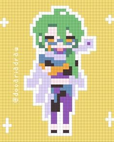 the pixel art is made to look like it has green hair and purple pants on