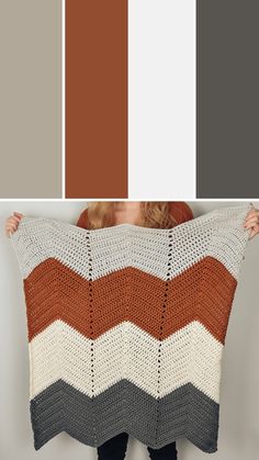 a woman is holding up a blanket with different colors in the same color palettes